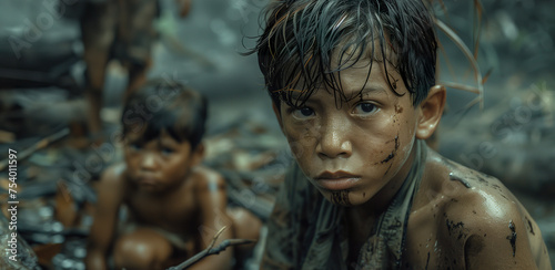 Portrait of sad boys expressing terror on a forest island. Boys with bruised faces and expressions asking for help, feeling lonely and scared. © Vagner Castro