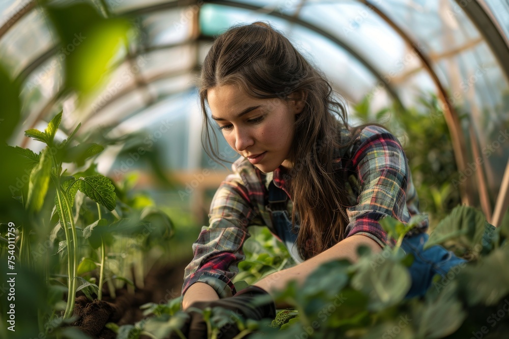 Young woman working in greenhouse on a farm Young woman working in greenhouse on a farm