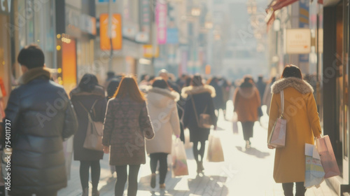 A blurred background of people walking with shopping bags depicting the massive crowds in physical stores on Singles Day.