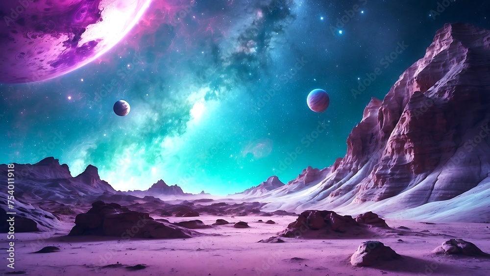  Background of beautiful space illustration with turquoise and purple colors AI Generated