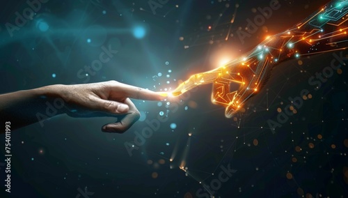 Artificial intelligence and the human hand touching one another, a technological concept for future machine learning or artificial intelligence
