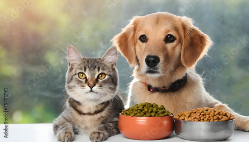 Dog and cat sharing a meal  cute animal companionship concept.