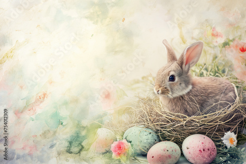Easter tale: rabbit and eggs in a basket