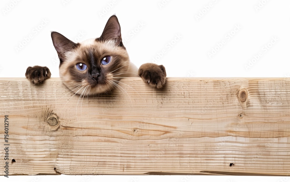 Siamese cat holding a blank sign wooden isolated on bright background. Mockup product, advertisement. presentation. commercial. editorial. copy text space.