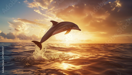 A dolphin leaps from the ocean against a backdrop of a golden sunset