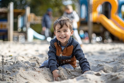 Smiling boy playing with sand on playground on sunny day