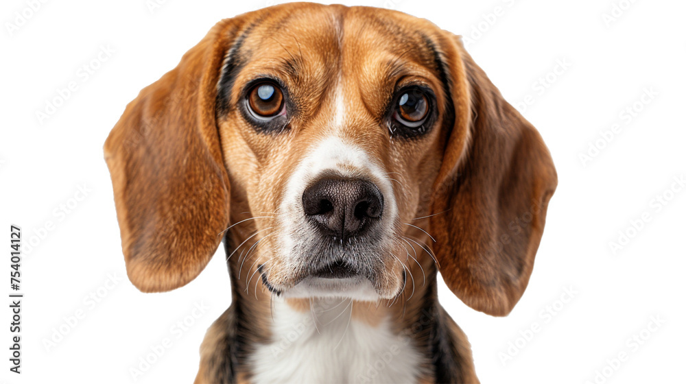 a portrait of a beagle with floppy ears and a curious expression, isolated on transparent background, png file