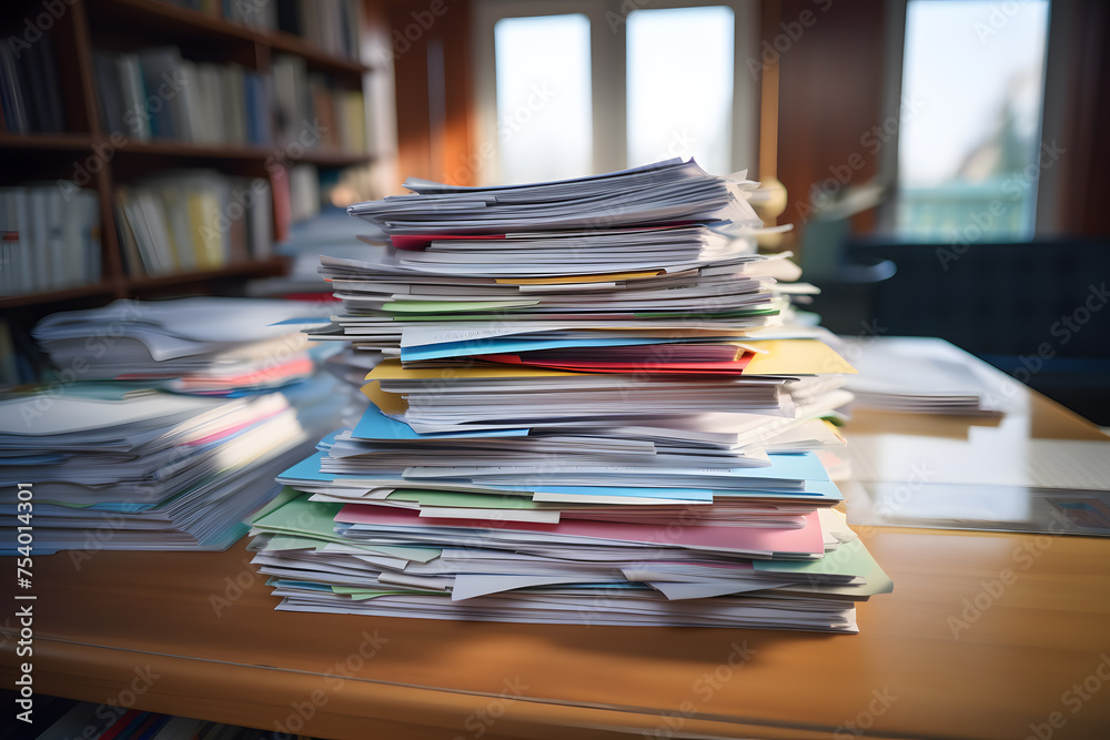 A pile of papers with documents on the desktop. A lot of work with documentation and boring routine activities A pile of papers with documents on the desktop. A lot of work with documentation and boring routine activities