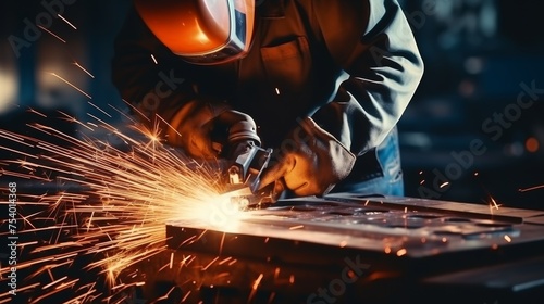 Professional welder working on medium sized pipe with blue light in close up view