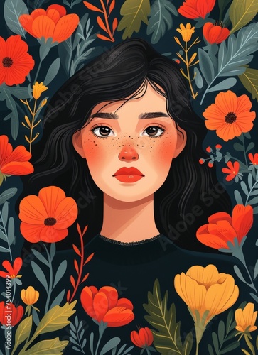 Portrait of Young Woman Surrounded by Red Flowers illustration