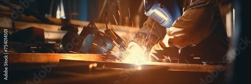 Professional welder working on medium sized pipe with blue light background, space for text.