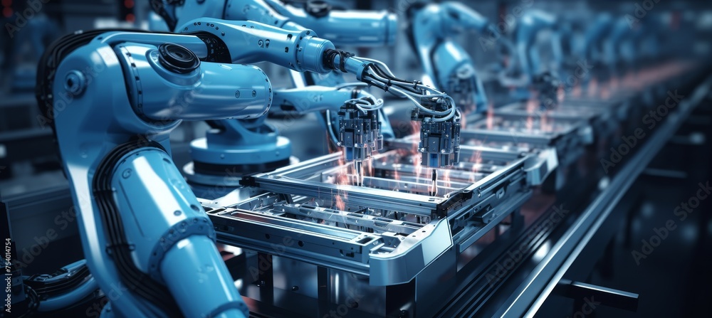 Fototapeta premium Futuristic electric car manufacturing plant with automated robotics on production line