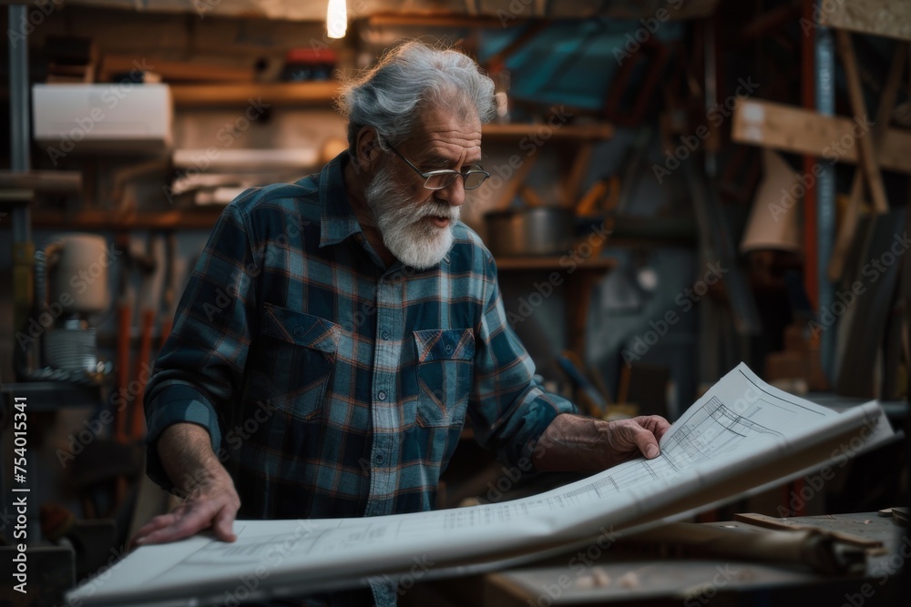 mature male carpenter looking at blueprints or plans in workshop