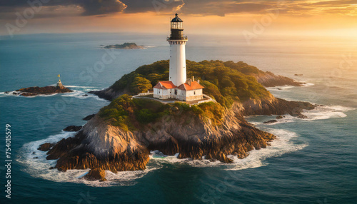 lighthouse on island at dusk  warm tones  serene ambiance  caption space