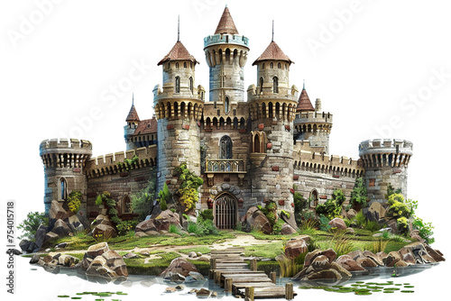A castle with a moat and a drawbridge isolated on transparent background, png file