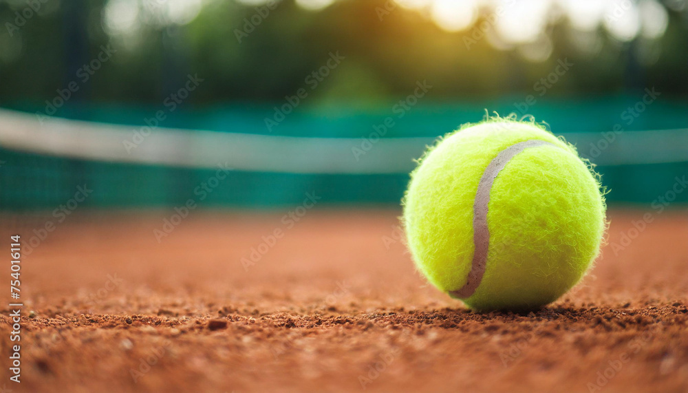 tennis ball on clay court, symbolizing sport, competition, energy, and recreation, with copy space