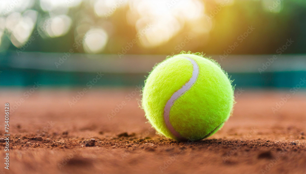 tennis ball on clay court, symbolizing sport, competition, energy, and recreation, with copy space