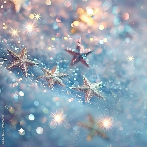 A blue background with three stars and a lot of sparkles. The stars are shining brightly and the background is a mix of blue and white. Scene is festive and joyful
