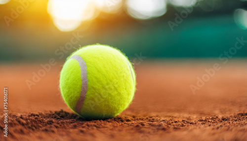 tennis ball on clay court, symbolizing sport, competition, energy, and recreation, with copy space © Your Hand Please