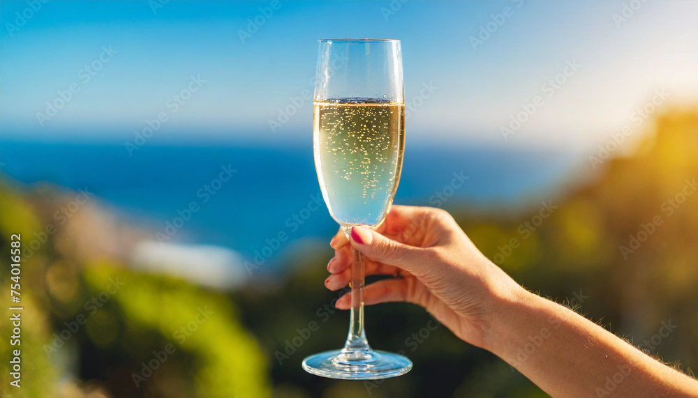 woman's hand holds champagne glass against a clear blue sky backdrop
