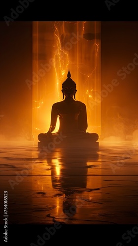 silhouette of Buddha sitting meditating  black background  generative ai