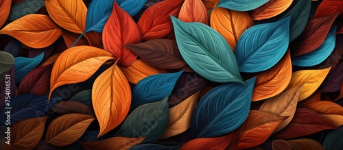 This close-up showcases a bunch of vividly colorful leaves, each displaying a unique hue and texture. The leaves are tightly packed together, creating a visually appealing and dynamic composition. © 2rogan