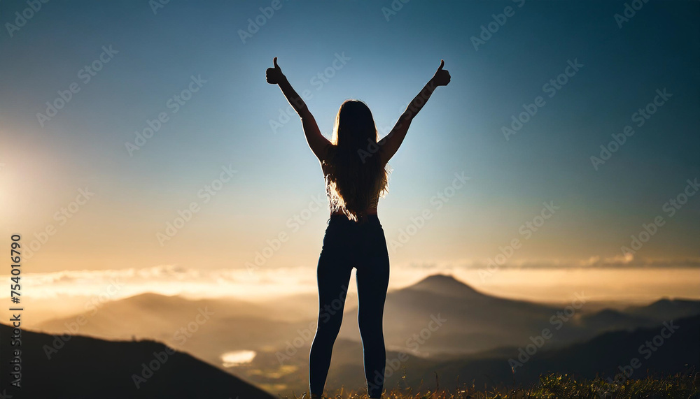 Silhouette of slender caucasian woman with long hair and thumbs up gesture, embodying positivity and beauty in the shadows