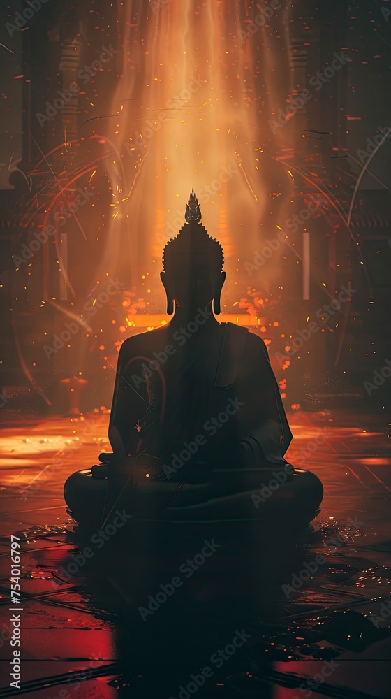 silhouette of Buddha sitting meditating, black background, generative ai