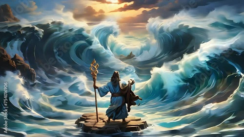 Cartoon drawing video of Moses is parting the sea using a magic wand. Suitable for Happy Passover videos  photo