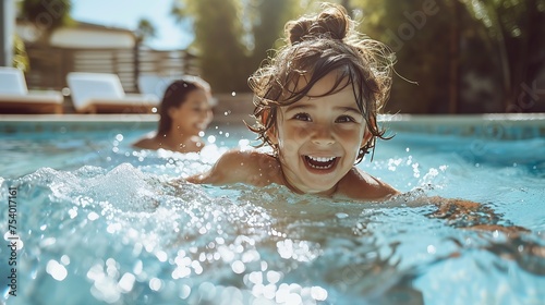 A happy child playing in the pool together with mother. copy space for text.