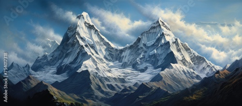 A detailed painting of a towering mountain with snow-capped peaks, surrounded by fluffy clouds in the blue sky. The scene conveys a sense of grandeur and strength.