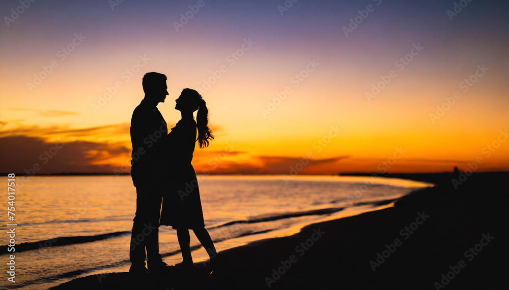 Romantic silhouette of a Caucasian couple embracing in the distance against a dark backdrop