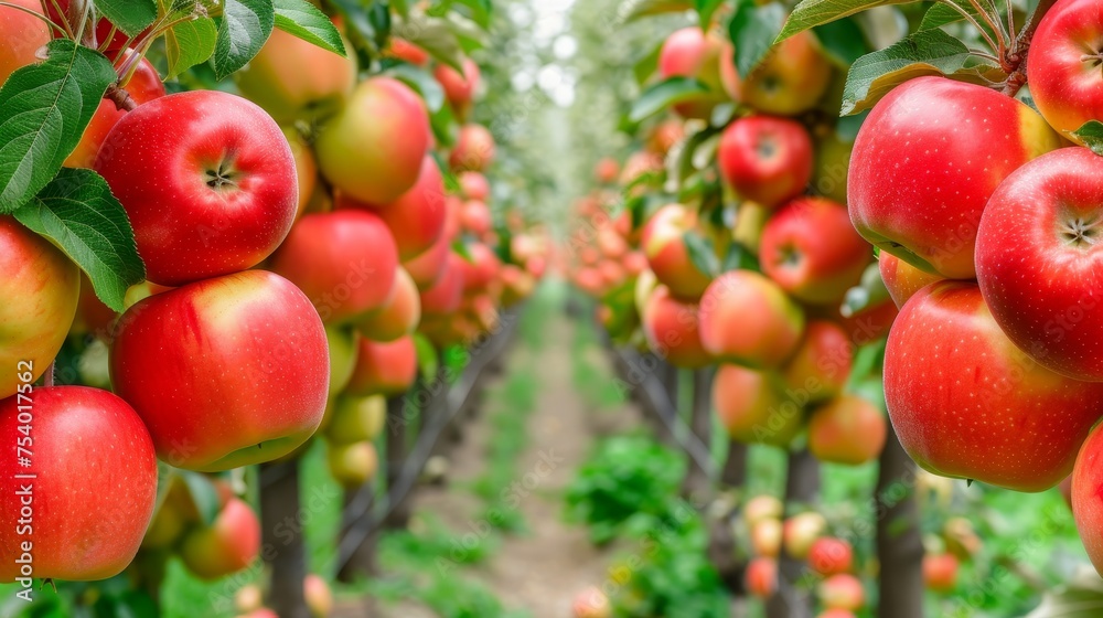 Vibrant apple tree plantation landscape in summer daylight   abstract background
