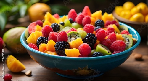 A vibrant bowl of tropical fruits  each one bursting with juicy flavor and unique colors  waiting to be picked and savored.