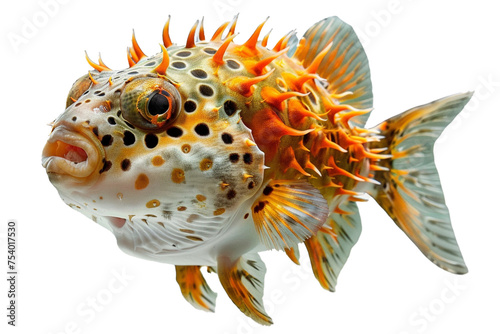 a green and orange pufferfish with spikes, isolated on transparent background, png file