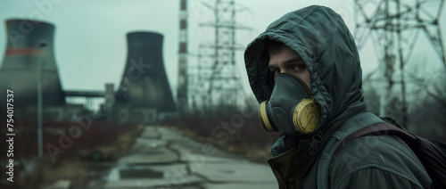 Dystopian image of a survivor of enviromental collapse. Nuclear cooling towers and ravaged landscape. Poisoned air and nightmarish living conditions.