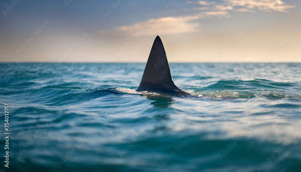 Fototapeta premium Distant shark fins pierce ocean surface with intense lighting, evoking suspense and danger. Space for caption