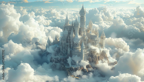 Castle in the clouds, imagined through a child's eyes, 3D render, cinematic, hyperrealistic, high-angle shot. photo