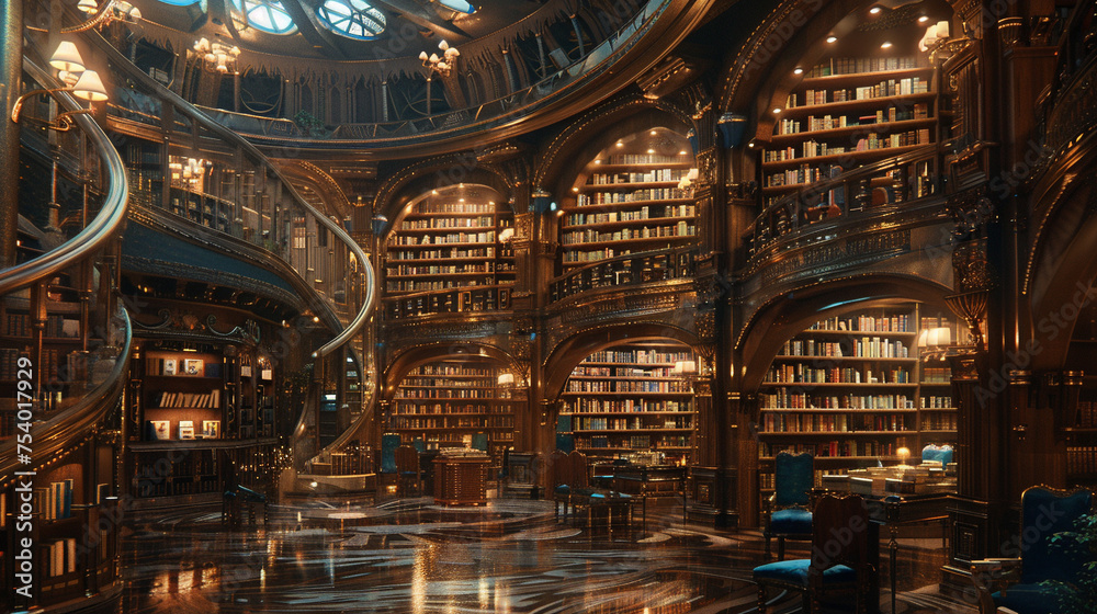 A large room with many bookshelves and a spiral staircase. The room is filled with books and has a cozy, inviting atmosphere.