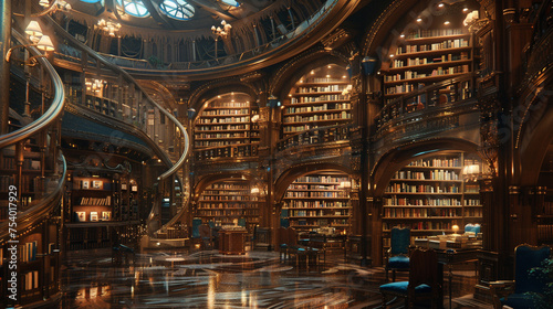 A large room with many bookshelves and a spiral staircase. The room is filled with books and has a cozy, inviting atmosphere.