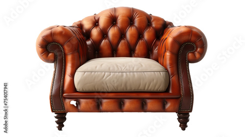 Brown and beige leather chair with wooden legs and tufted back isolated on transparent background, png file