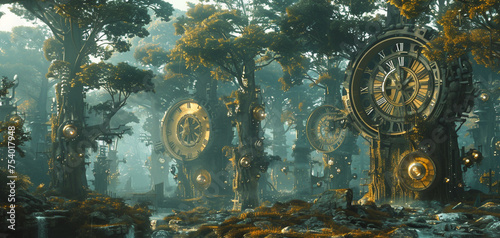 Dream-like clockwork forest with whimsical machinery. 3D render cinematic. photo