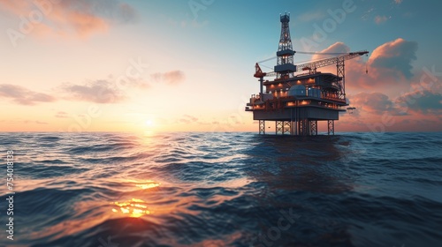 Daylight offshore oil rig platform in open sea with vast blue ocean and distant platform visible photo