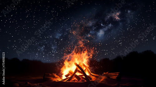 Evening outdoor nature background with campfire closeup