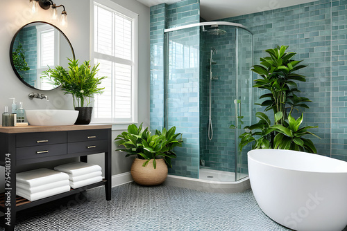 Stylish bathroom interior with table  shower stall and decorative plants. Design ideas