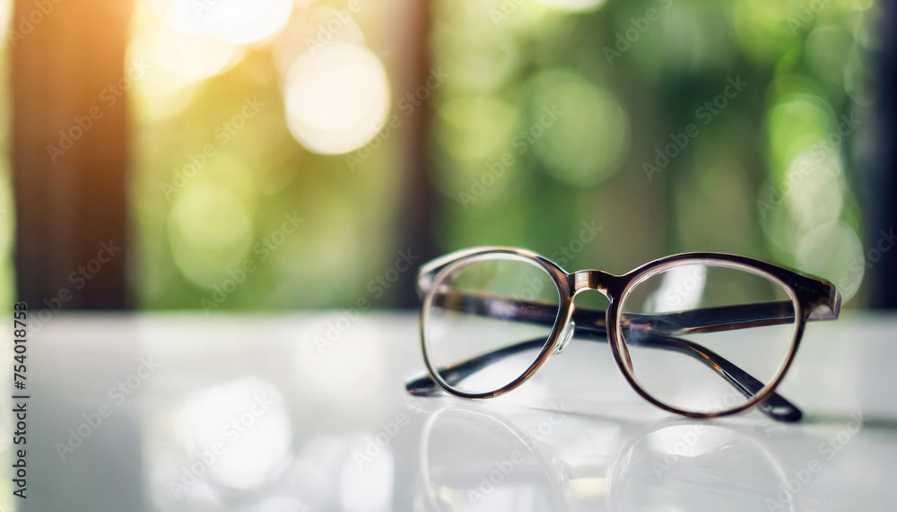 eyeglass frame on white table, lit by bright backlight, ready for caption space eyeglass frame on white table, lit by bright backlight, ready for caption space