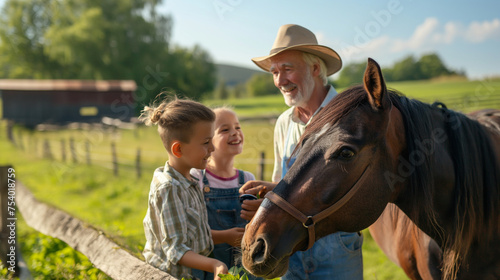 Rustic family vacation, horse, sunny countryside, children and an elderly man, pure blue color