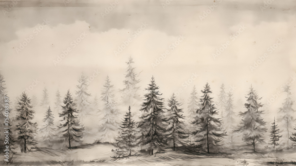 Obraz premium Winter Pine Trees Painting