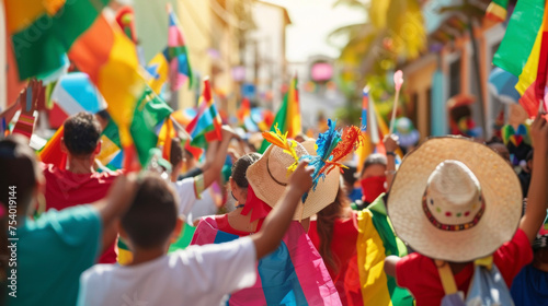 People of all ages dressed in colorful and festive attire marching down a busy street together waving flags and cheering in celebration of a community event.