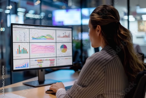 Businesswoman examining graph on the screen at desk
